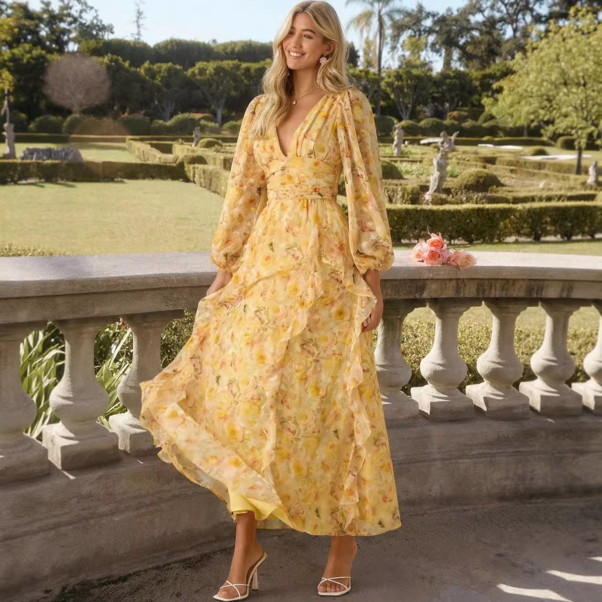 Yellow floral dress - autumn  australian fresh & sweet stand collar single-breasted tie-waist maxi dress