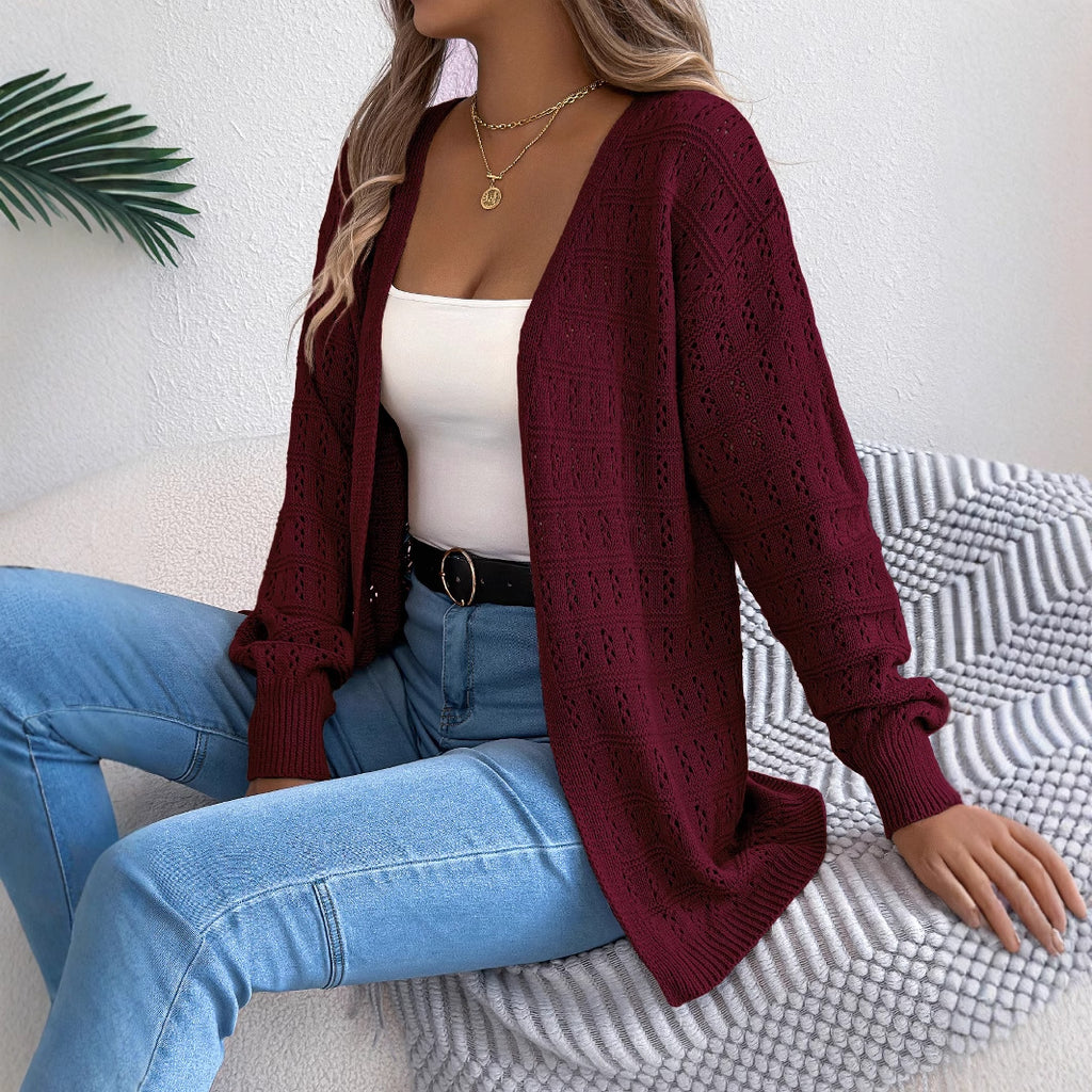 Europe, America, autumn and winter solid color hollow lantern long-sleeved cardigan sweater medium and long coat, independent station  women's clothing