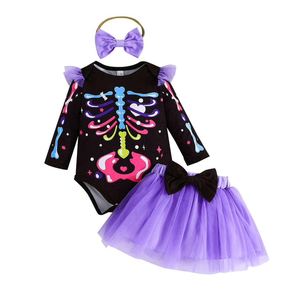 halloween girls' skeleton romper & skirt set - girls' long-sleeve mesh party outfit