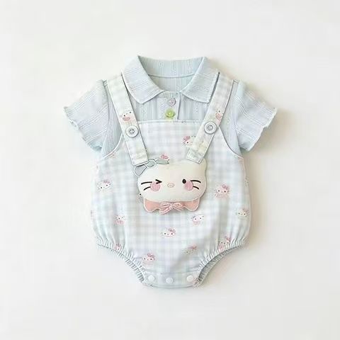 Summer sweet short-sleeve outfit for girls: stylish overalls and romper set - lightweight, cartoon-themed, and versatile for babies