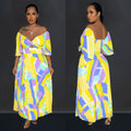 C6879 cross-border   fashion women's sexy printed backless pleated maxi dress
