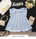 Summer girls' solid color lace collar round neck casual short sleeve flutter sleeve outerwear dress for toddlers and young children