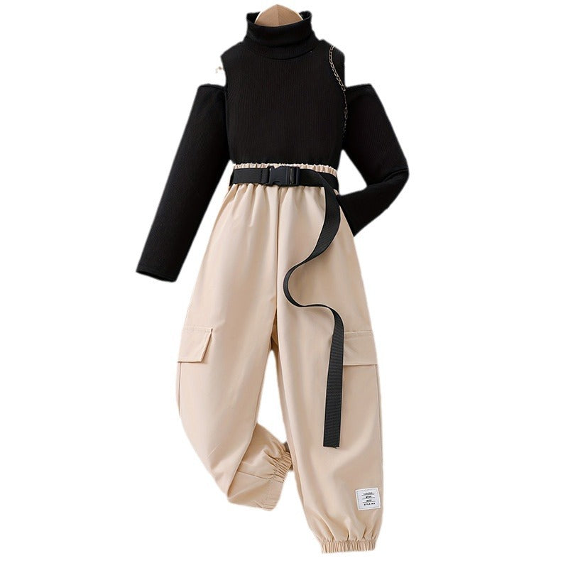 autumgirl handsome workwear pants two-piece set off-shoulder knittingtops belt casual jogger pants harem pants