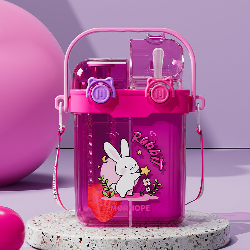 Kids' dual-drink water bottle - square straw sippy cup for school, portable crossbody punk water bottle for boys and girls