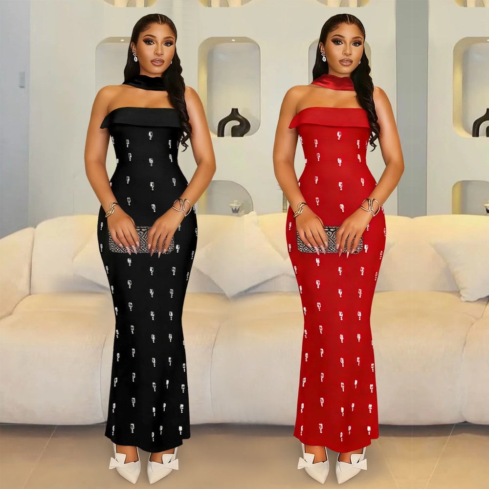 C7626 cross-border   fashion women's elegant bandeau dress set with rhinestone embellishments and ribbon detail
