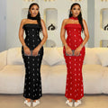 C7626 cross-border   fashion women's elegant bandeau dress set with rhinestone embellishments and ribbon detail