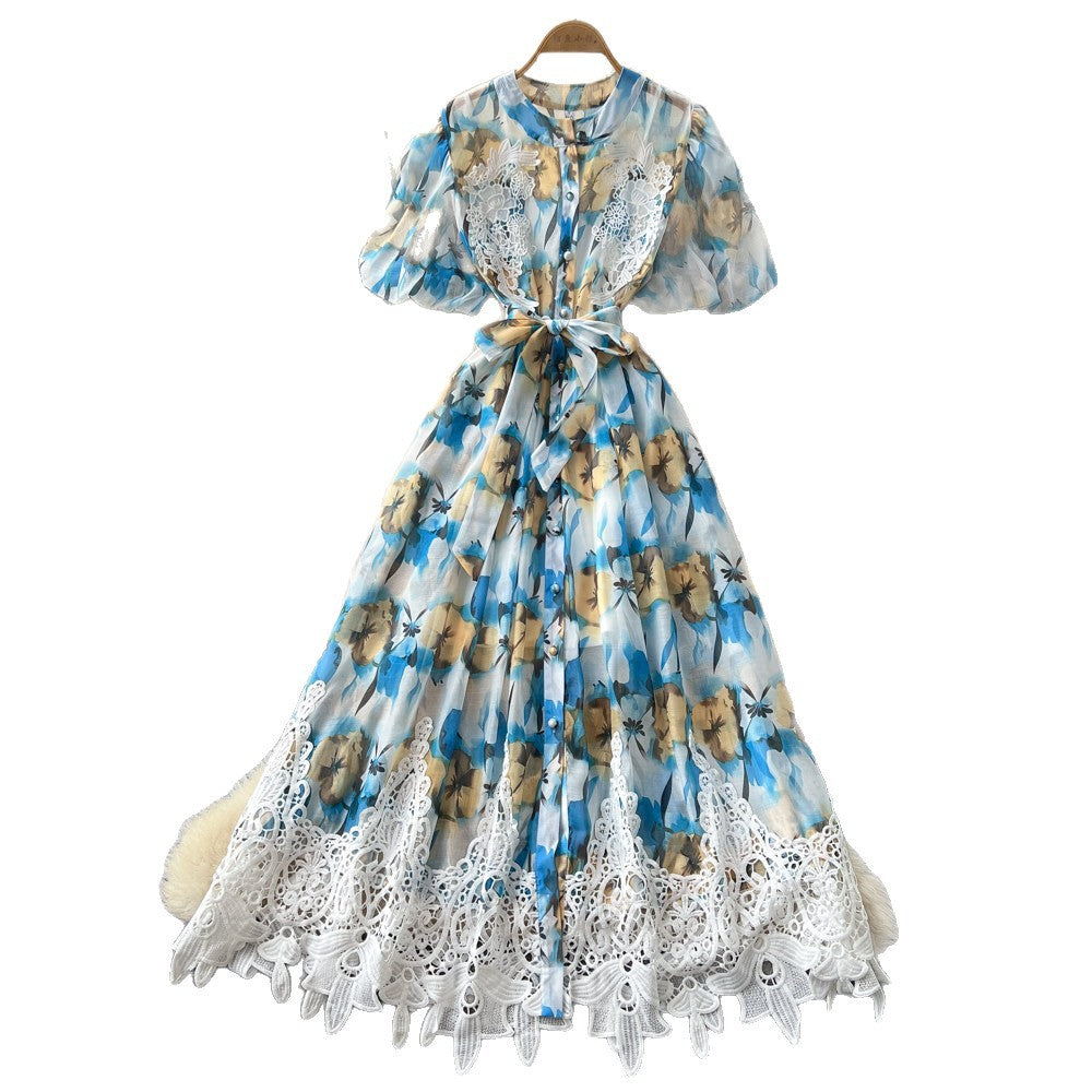 Korean style printed sweet & cute dress - women's summer short sleeve a-line dress with lace trim and tie detail - perfect for work or casual wear