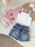 spring/summer new european and american style girls' hollow-out cardigan, solid color camisole + bowknot denim jeans three-piece set