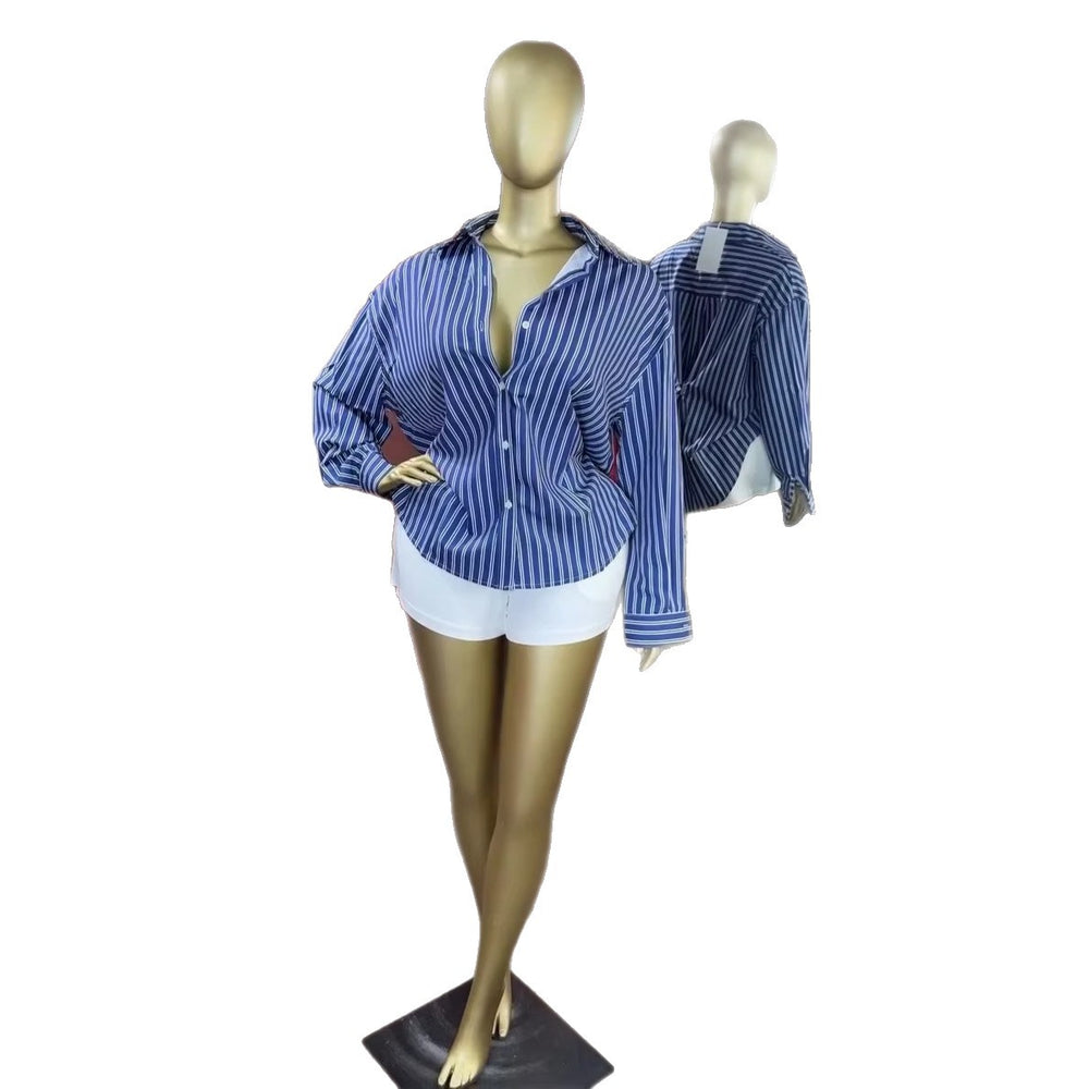 European and american cross-border women's clothing:  summer new arrival - elegant casual turn-down collar versatile striped loose long-sleeve shirt top