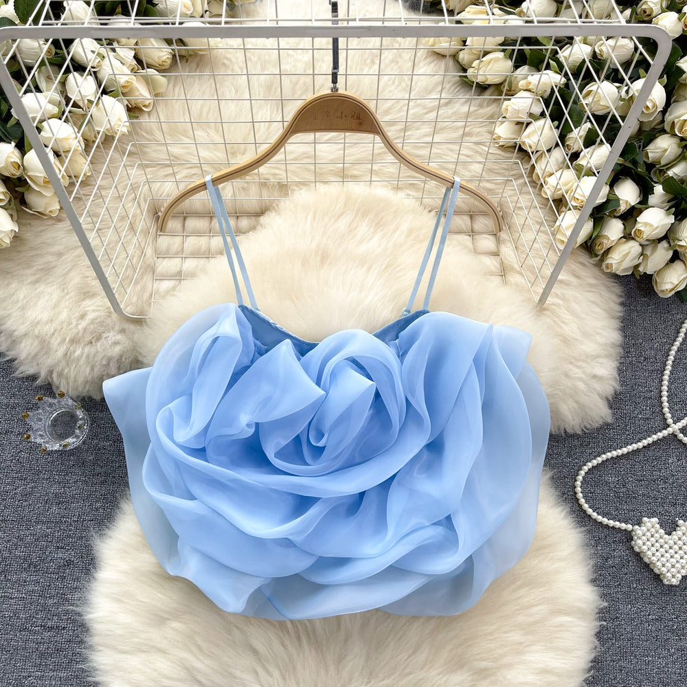 Niche style resort style organza stereo flower camisole women's summernew arrival chic chic easiest for match short tops