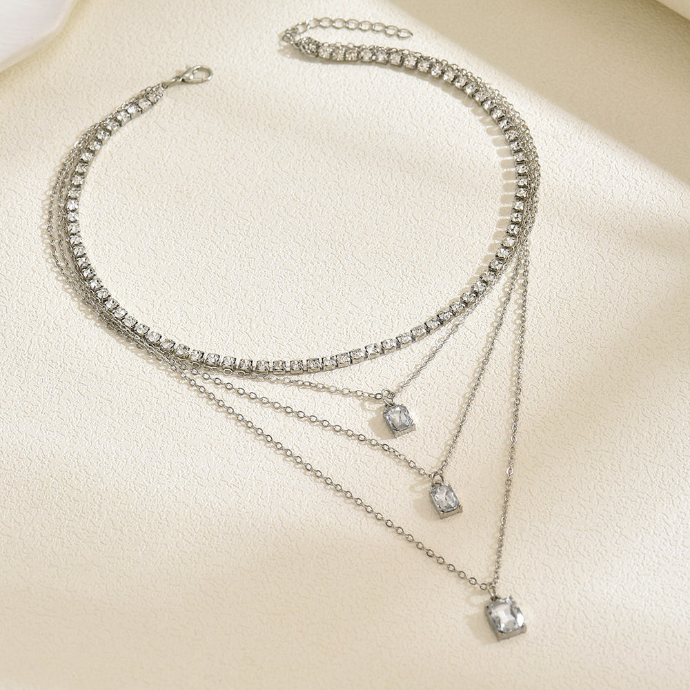 Square rhinestone pendant wholesale - european & american cross-border style, unique multi-layer necklace, light luxury, high-end full diamond chain necklace for women