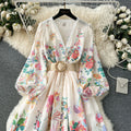 French court style women's sweet lace trim v-neck button-down slim fit long printed dress with unique design