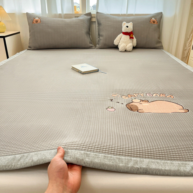 Summer Class A Waffle Cartoon Embroidered Mat Skin-friendly Sleeping Naked Ice Silk Mat Mattress Air Conditioning Soft Mat Cross-border