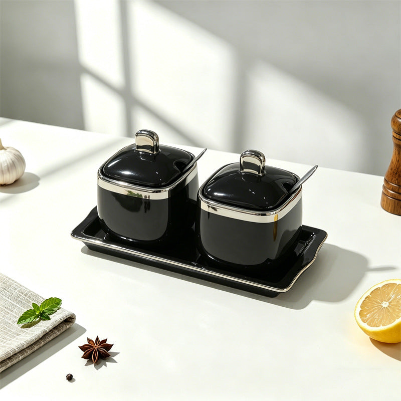 New ceramic seasoning jar set - complete home spice rack, salt & sugar bowl set with spoons - wholesale kitchen utensils