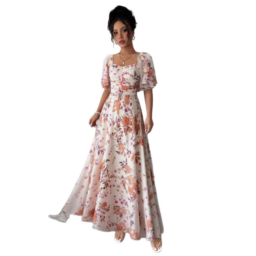 summer print long french floral slimming maxi dress