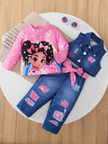 cross-border e-commerce exclusive: faux denim print vest, crew neck top, and pants 3-piece kids' set