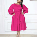 D479  cross-border women's spring  new long-sleeve crew neck tie-waist solid color a-line dress - european and american style
