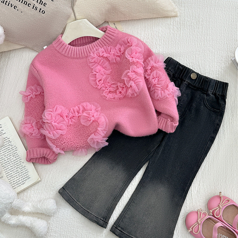Girls' knit sweater - spring  korean style 3d floral knit top & trendy jeans two-piece set