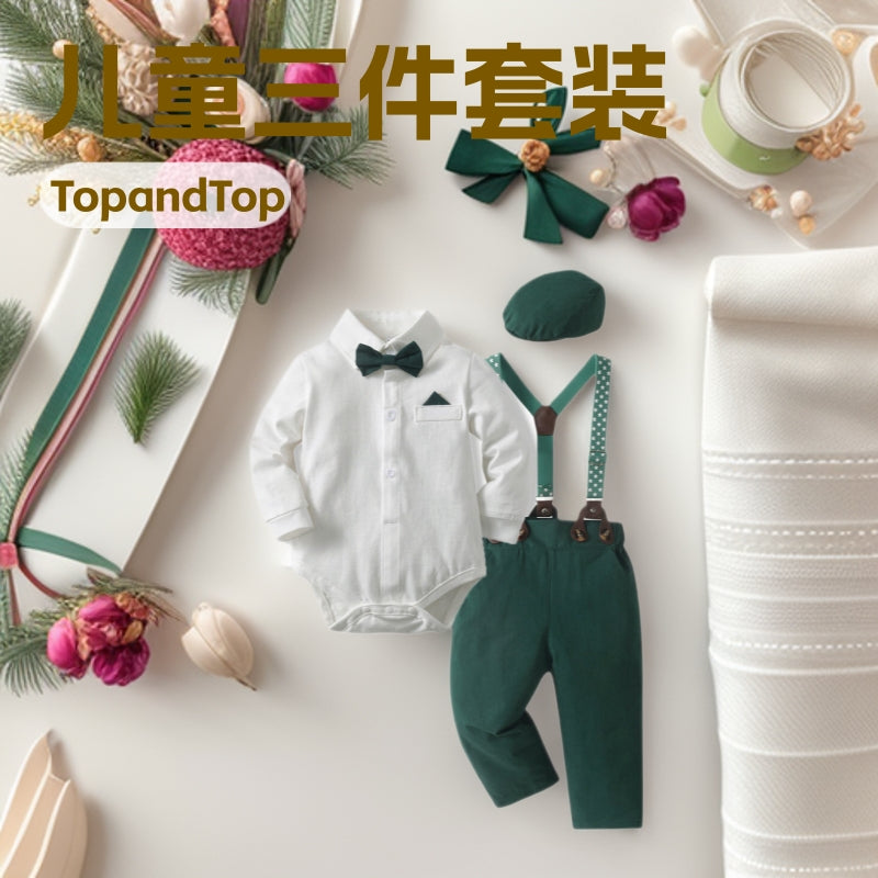 Autumn new arrivals: boys' cotton outfit set - includes hat, perfect for baby's first birthday, and christmas!