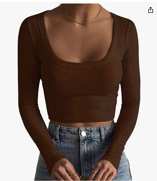 2024 new product  Europe and America, large round neck long sleeve threaded pure cotton ultra-short slim and thin T-shirt with exposed navel base.