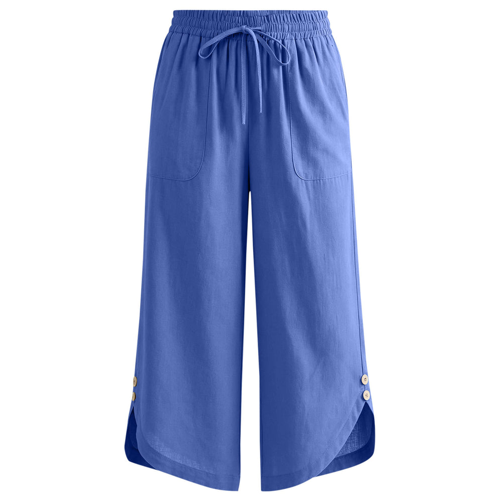 cross-border  women's summer lightweight solid color elastic waist drawstring pocket side button casual capri pants