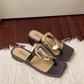 2025 summer new square toe thong sandals - versatile outdoor wear, casual flat sandals with metal buckle, unique women's slippers