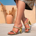 Women's high-heeled sandals - gold platform heel slip-ons - fashionable square toe minimalist open-back heels
