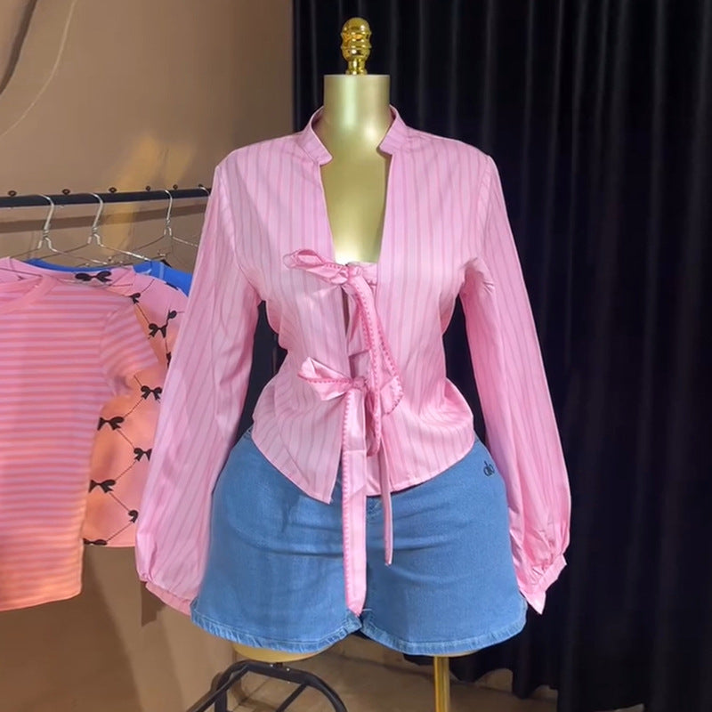 European and american women's clothing  autumn new sweet and fresh striped stand collar long sleeve tie-up women's blouse top
