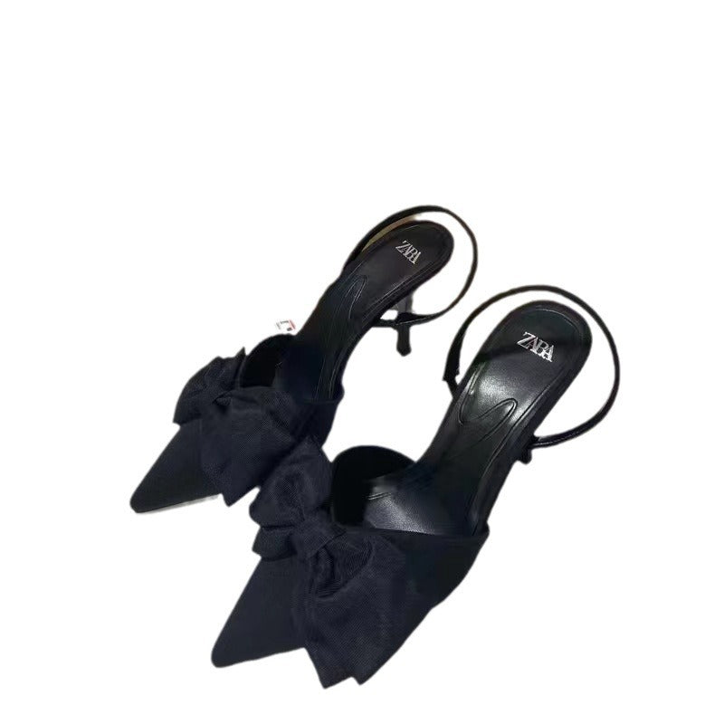 Za autumn new 2023 french high heel pointed toe bowknot decorated low-cut slingback niche design stiletto sandals for women