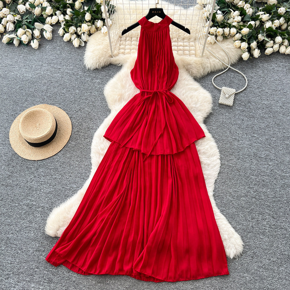 Pure desire style red halter strap pleated dress women's summer k-style waist slimming look cake skirt vacation style long skirt