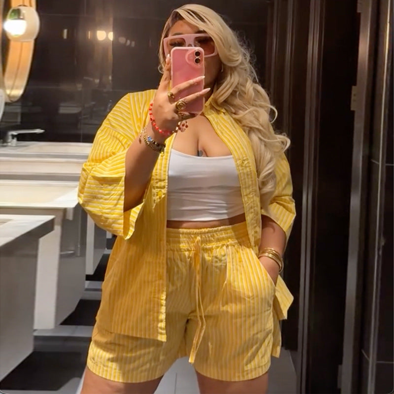 Fashion cross-border women's clothing  spring new arrivalelegantcasual lapel loosestripesshirt wide leg shortssuit