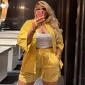 Fashion cross-border women's clothing  spring new arrivalelegantcasual lapel loosestripesshirt wide leg shortssuit