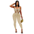 C7489 cross-border   fashion women's casual sexy halter backless solid color jumpsuit