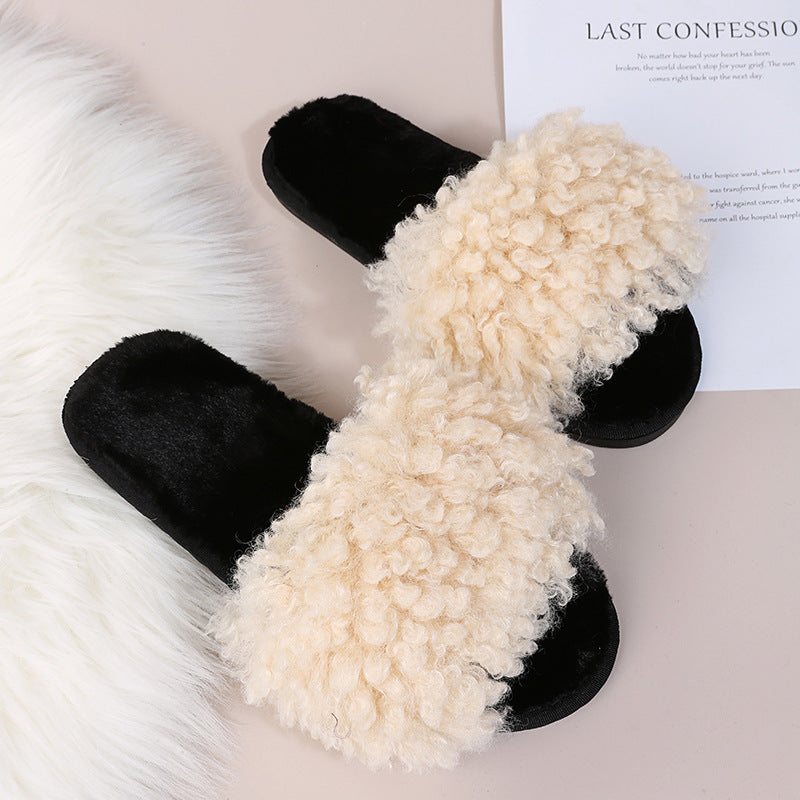 Thick sole lamb wool slippers women's 2024 fall and winter new arrivalfashioncasualflats fur slippers women's outwear