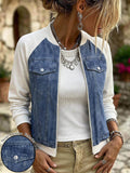 Faux denim patchwork plus size baseball jacket - raglan sleeve, zipper closure, pocket detail, relaxed fit, women's cropped jacket