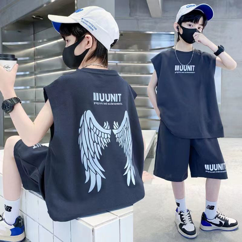 Boys' summer outfit set: boys' tank top and shorts set, casual sleeveless sports two-piece set for older boys and children