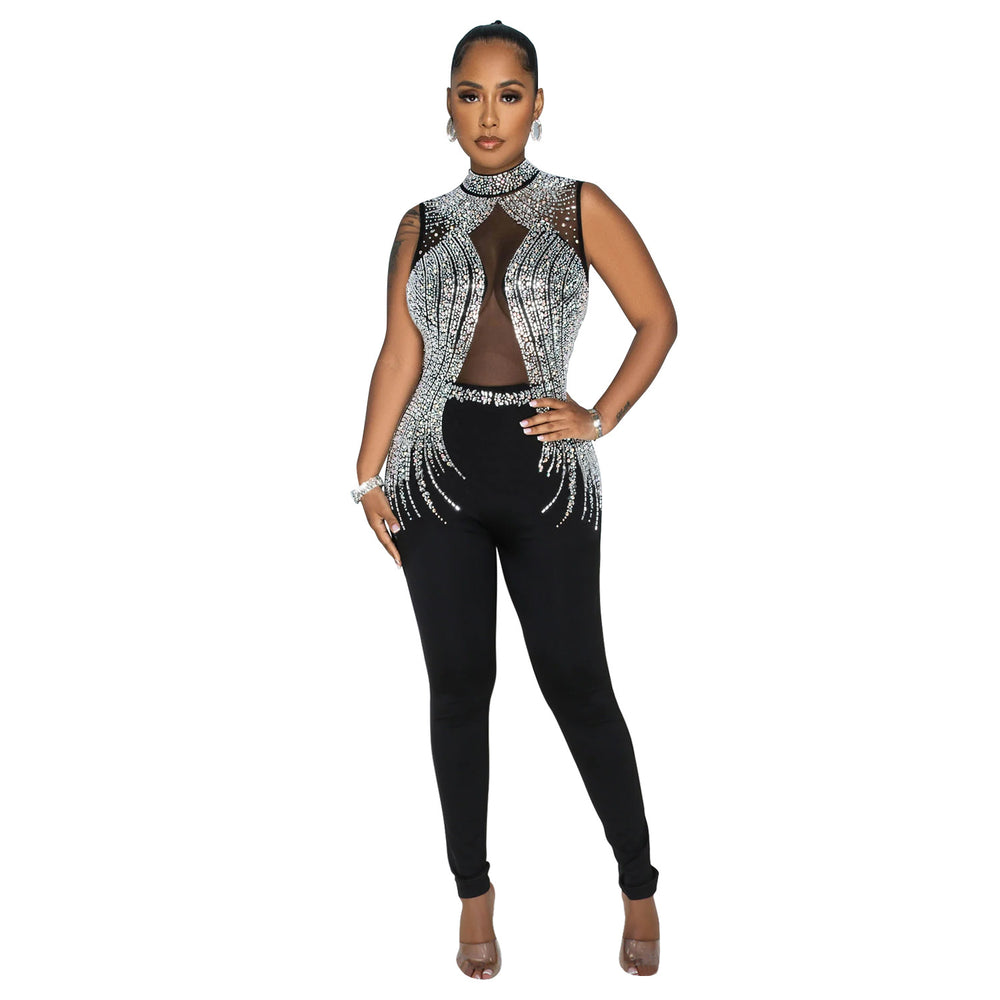 C6931 cross-border   fashion women's solid color mesh rhinestone sleeveless pants jumpsuit