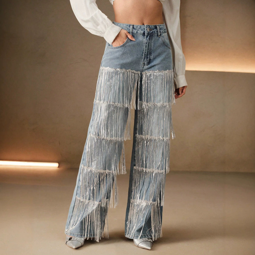 European and american style women's multi-layer silver rhinestone tassel embellished light blue washed high-waisted wide-leg mop-length denim pants