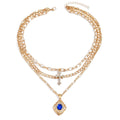 New arrivalfashionstylishniche style blue gemstone square pendant necklace retro multi-layered cross clavicle chain accessories