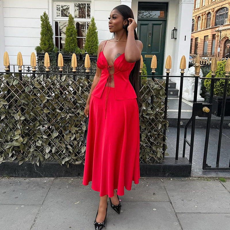 European and american cross-border women's fashion:  summer new arrivals - sexy strappy cami top and high-waisted midi skirt set