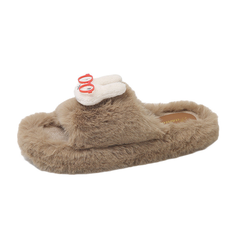 Glasses rabbit cute furry slippers women's korean style trendy cotton slippers comfortable casual thick sole warm home slippers