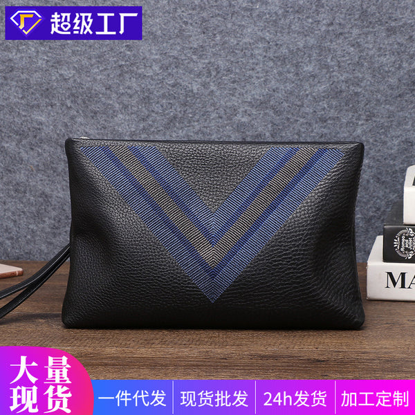 Popular men's handbag genuine leather luxury brand clutch bag casual portable clutch bag clutch bag plaid envelope bag