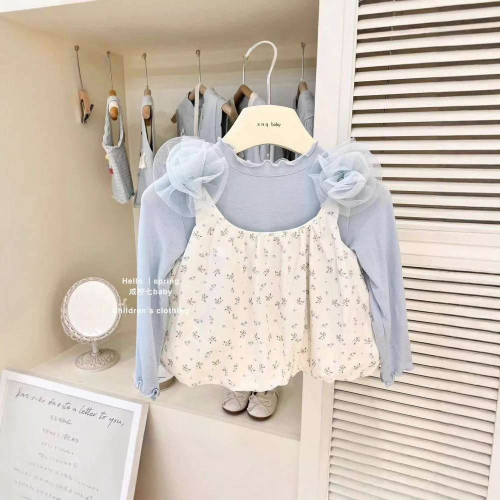 【dropshipping】girls' outfit  new baby lace camisole & floral print two-piece set - korean style