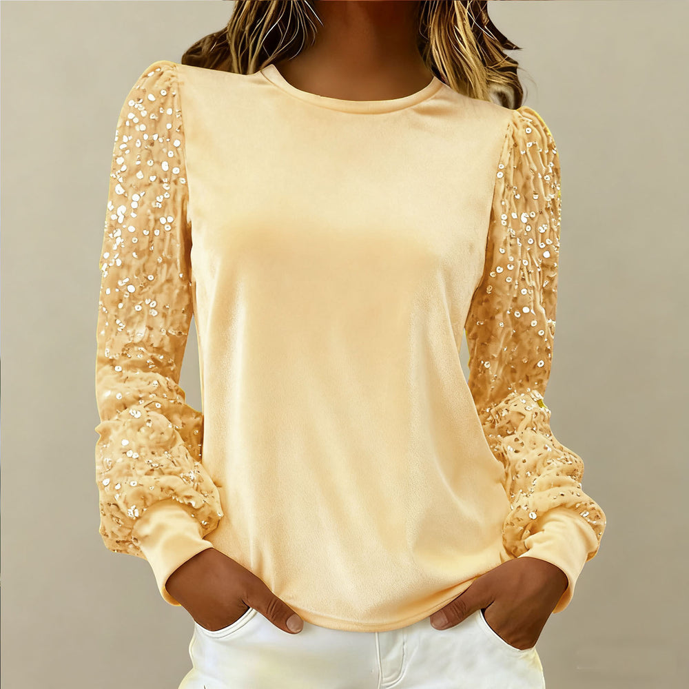 new arrival: independent e-commerce fashion women's gold velvet crew neck sequin patchwork long sleeve t-shirt top (us & european style)