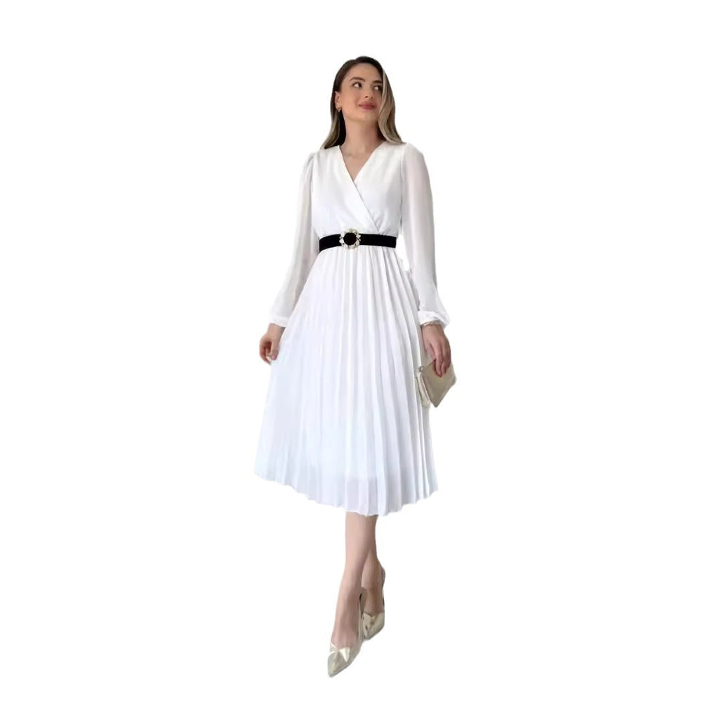 European and american cross-border women's fashion:  autumn new french style solid color v-neck long sleeve cinched waist pleated elegant dress