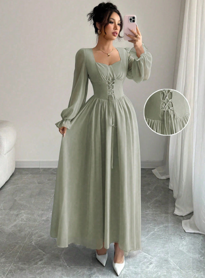 European and american cross-border  new arrival: red square neck bubble sleeve maxi dress with criss-cross tie waist