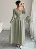 European and american cross-border  new arrival: red square neck bubble sleeve maxi dress with criss-cross tie waist