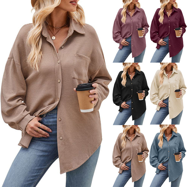 2023  women's clothing autumn and winter new,  European and American casual loose pocket waffle fashion shirt