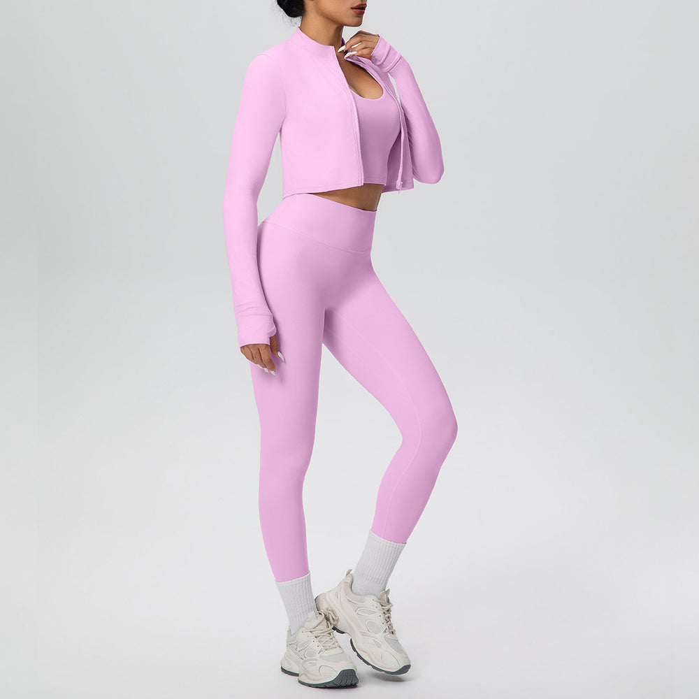 New halter neck backless zip-up outerwear yoga set - high-waisted, butt-lifting, compression fit - perfect for running, fitness, and gym workouts (3-piece set)