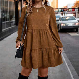 Exportfashion lazy style corduroy plus size short skirt round neck pleated long sleeves layered patchwork slimming lookeasiest for match